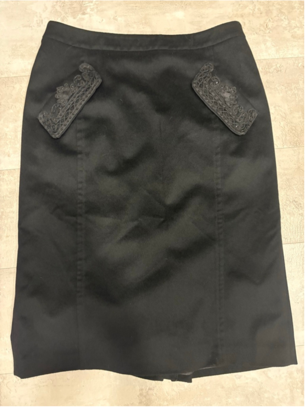 Max Mara Pure Wool Pencil Skirt 8 Black Embroidered Lace Pocket Italy Office